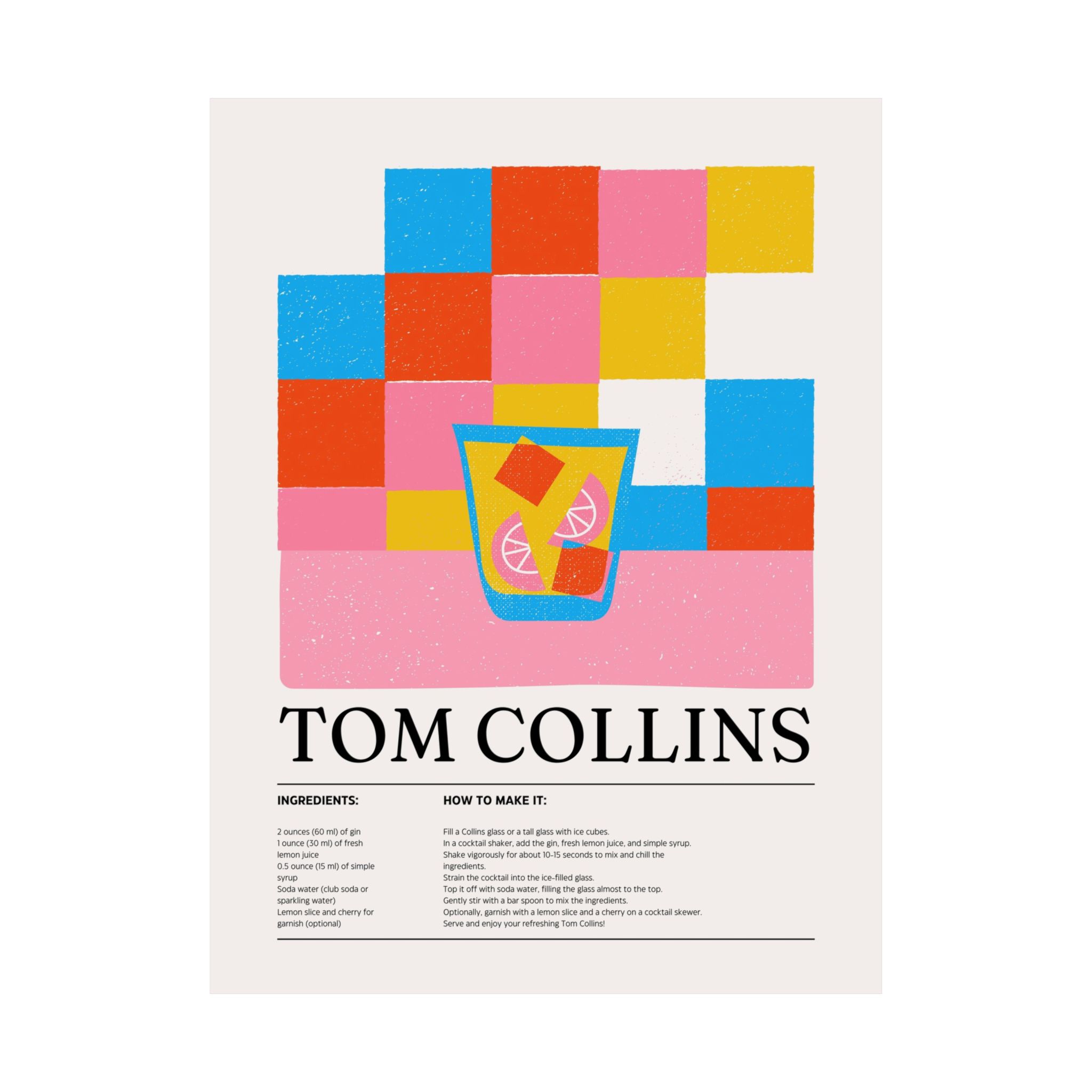Tom Collins Cocktail Poster — Retro Matte Vertical Print