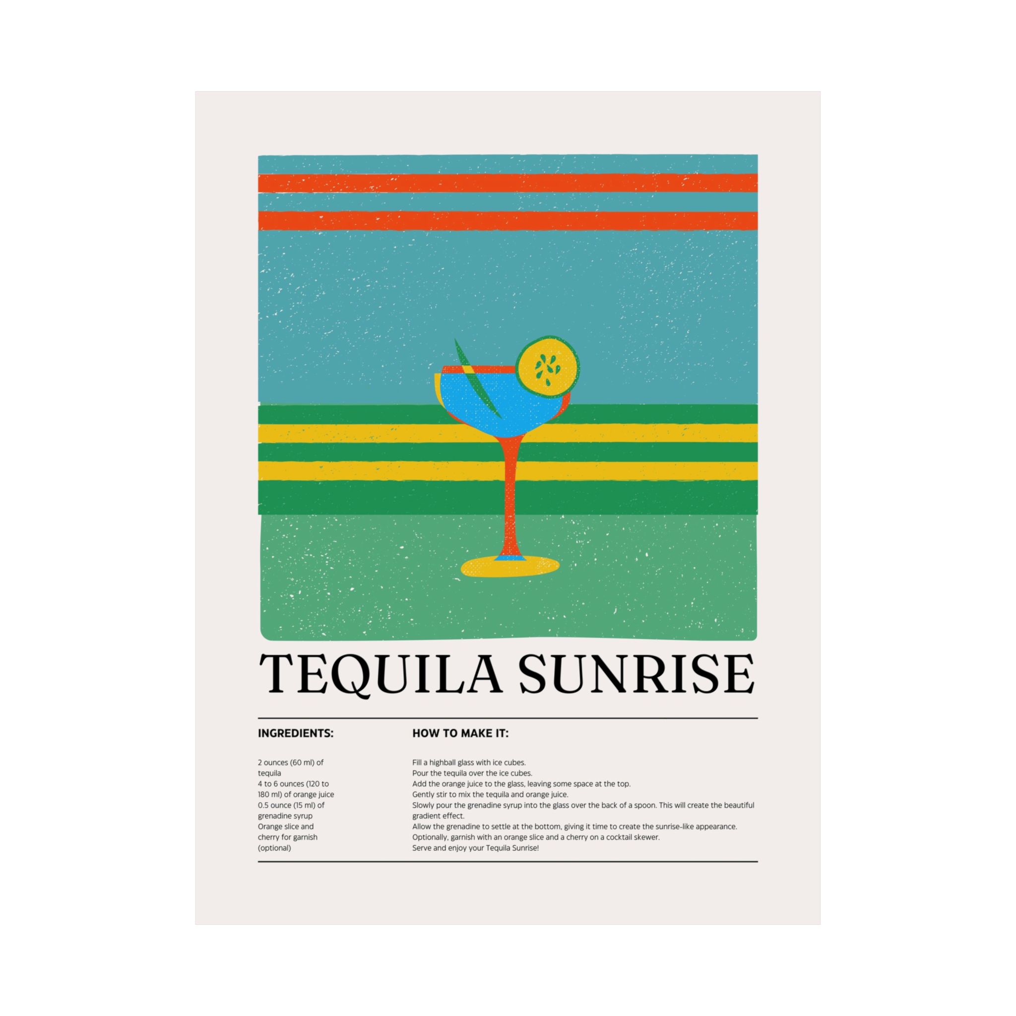 Tequila Sunrise Cocktail Poster — Retro Matte Vertical Print