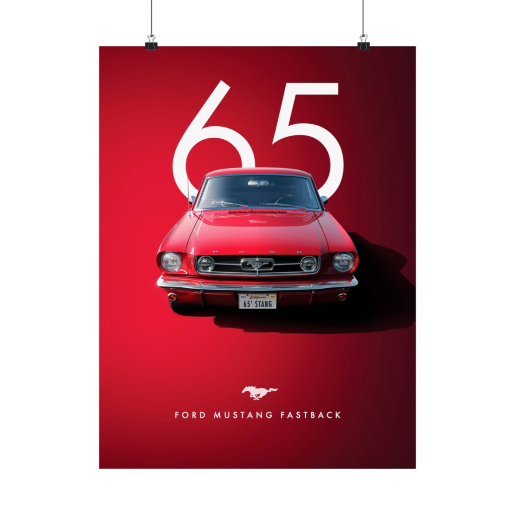 Classic 1965 Ford Mustang Fastback Red Muscle Car Poster Art - Iconic Vintage Automotive Decor for Garage & Man Cave