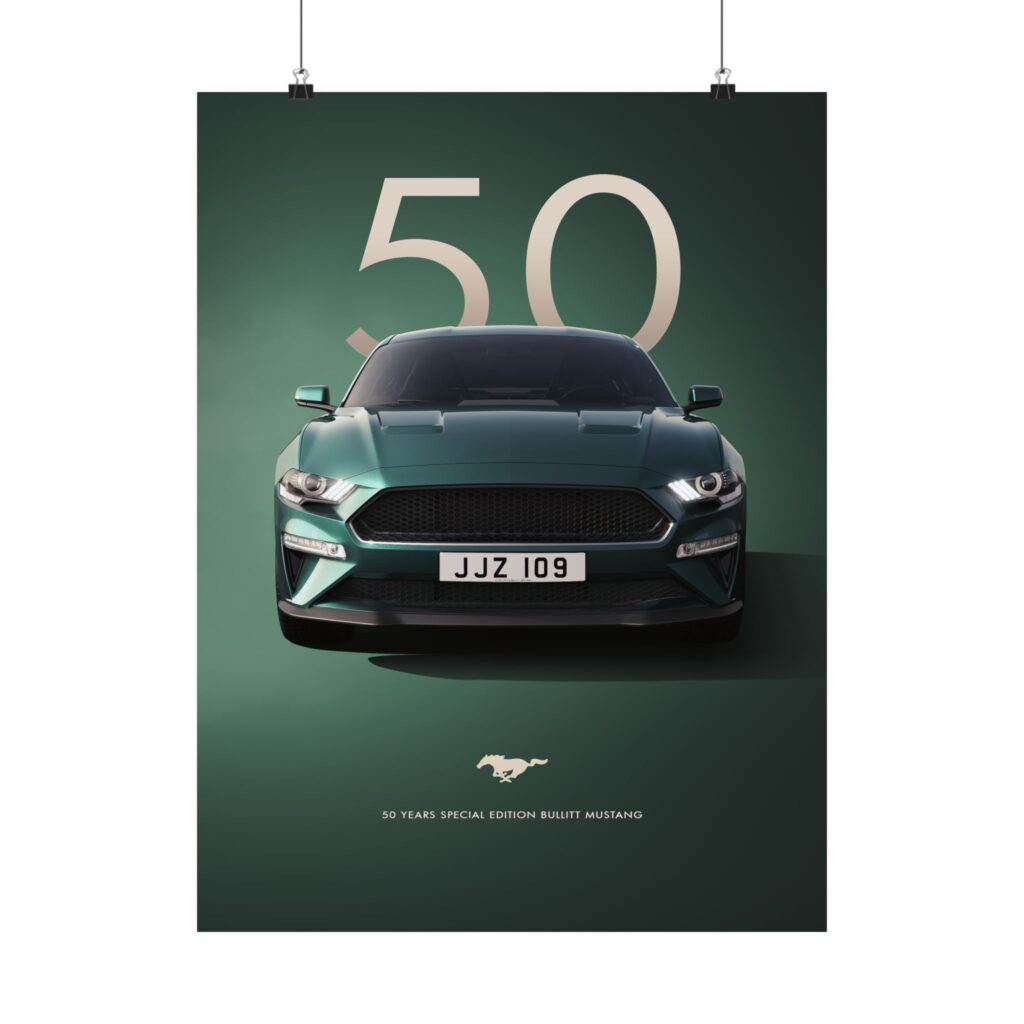 Bullitt Mustang 50th Anniversary Poster - Highland Green Ford Muscle Car Wall Art - Iconic Automotive Decor for Fans