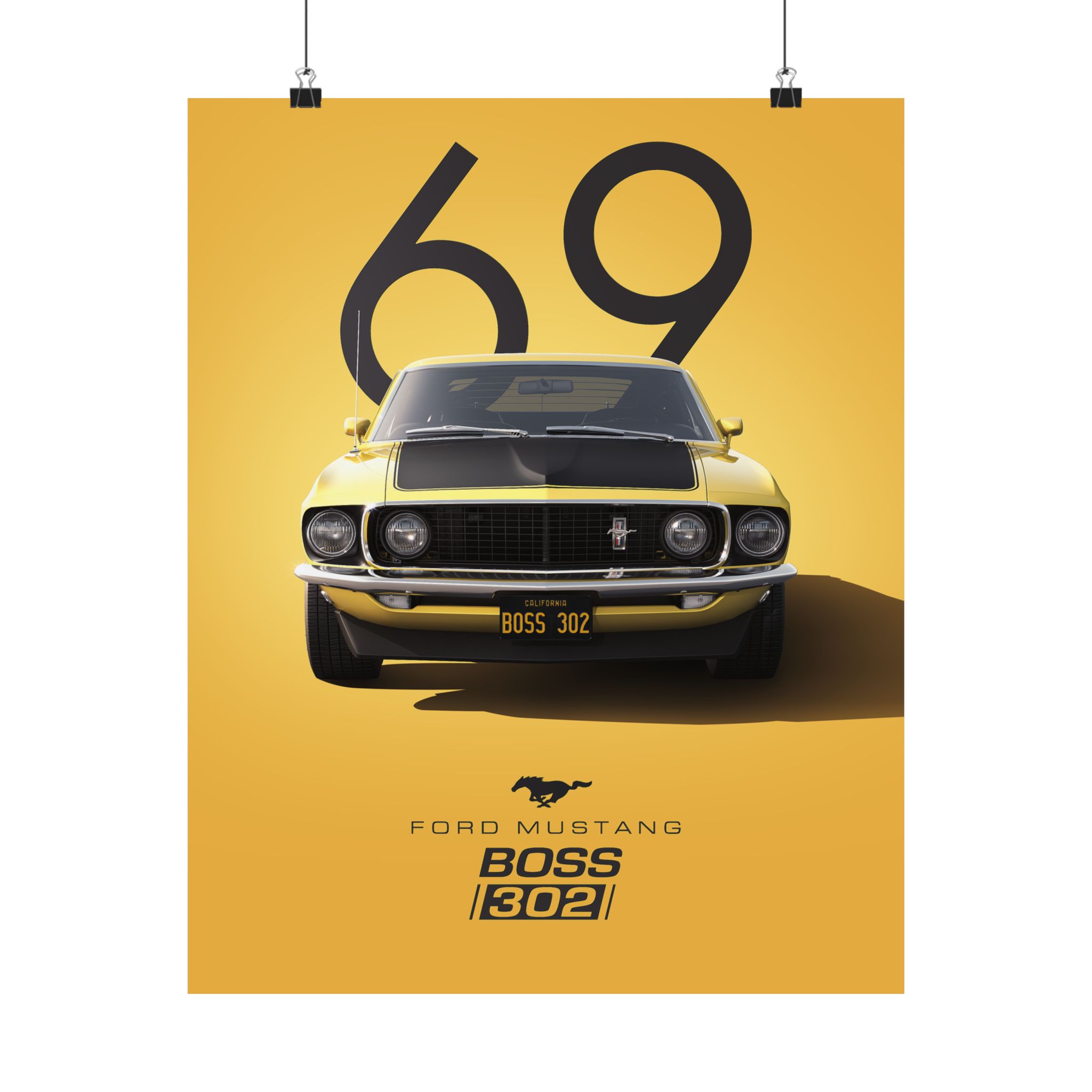 1969 Ford Mustang Boss 302 Poster - Vintage Muscle Car Wall Art - Classic Yellow Automotive Print for Garage or Man Cave - Image 5