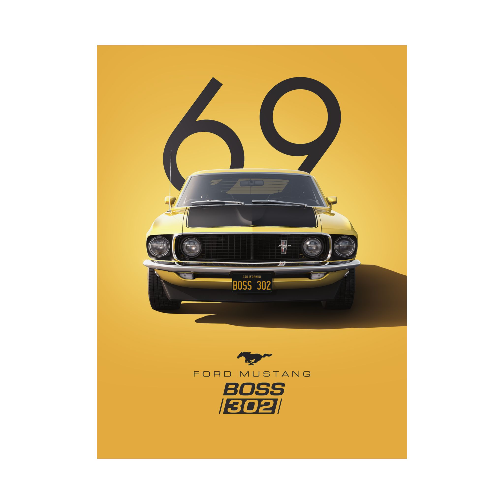 1969 Ford Mustang Boss 302 Poster - Vintage Muscle Car Wall Art - Classic Yellow Automotive Print for Garage or Man Cave - Image 2