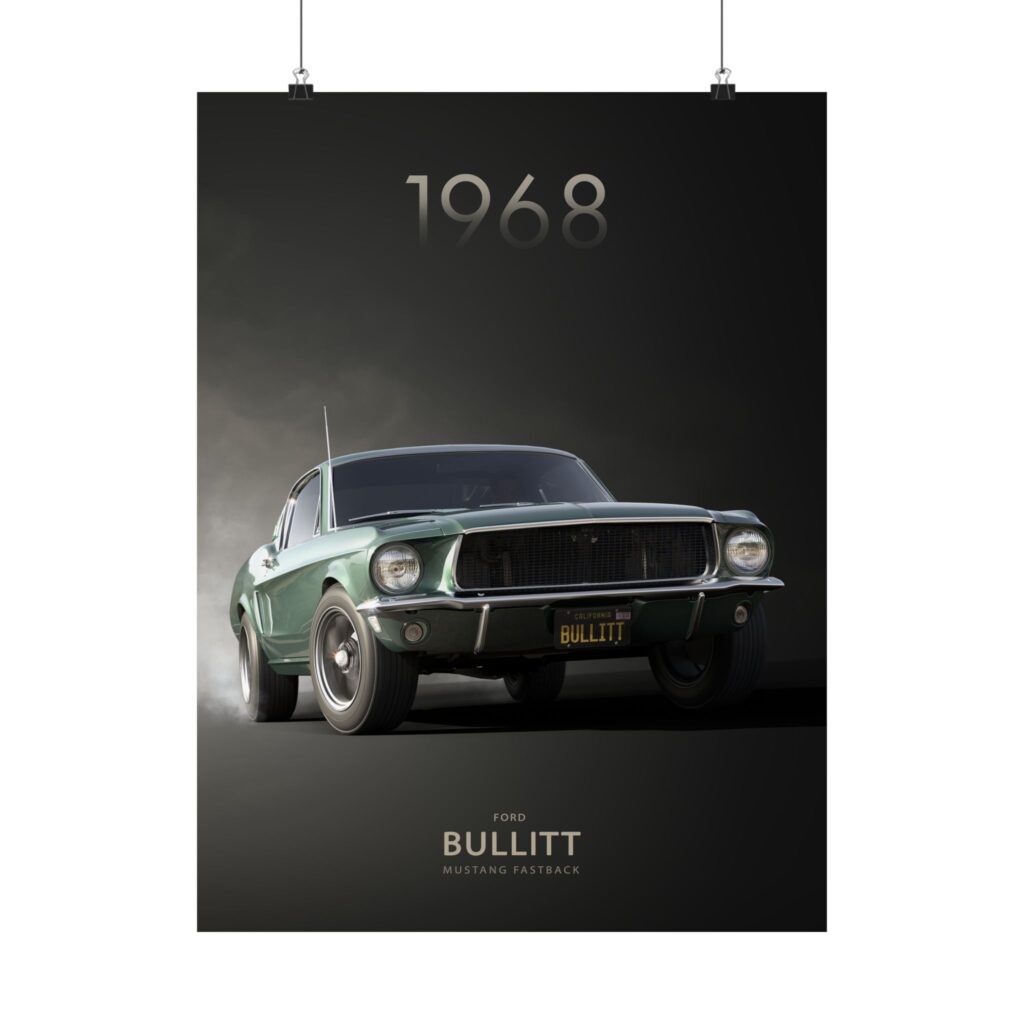 1968 Ford Bullitt Mustang Fastback Poster - Iconic Highland Green Muscle Car Wall Art - Classic Movie Car Print for Garage & Man Cave