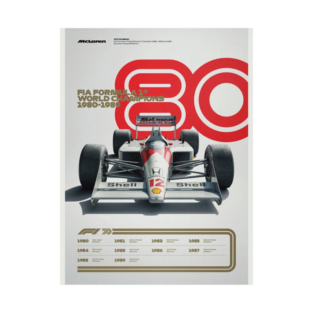 McLaren Honda MP4/4 F1 Poster - Ayrton Senna Formula 1 World Champions 1980-1989 Wall Art - Iconic Racing Decor