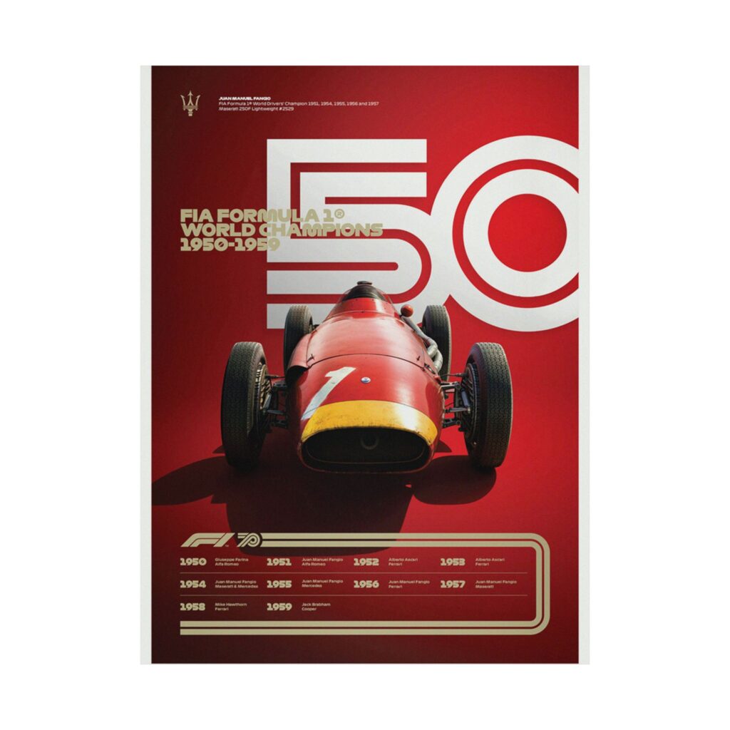 Vintage F1 World Champions 1950-1959 Poster - Maserati 250F Racing Art Print - Classic Motorsport Decor for Fans